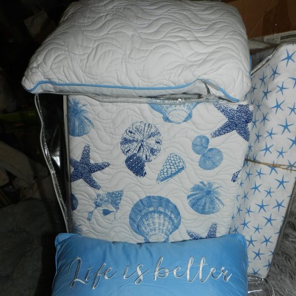 Sun & Sea 9 Pc Quilt Bedding Set Ocean Seashells Coastal King Blue/White NEW/NEW - Picture 9 of 14